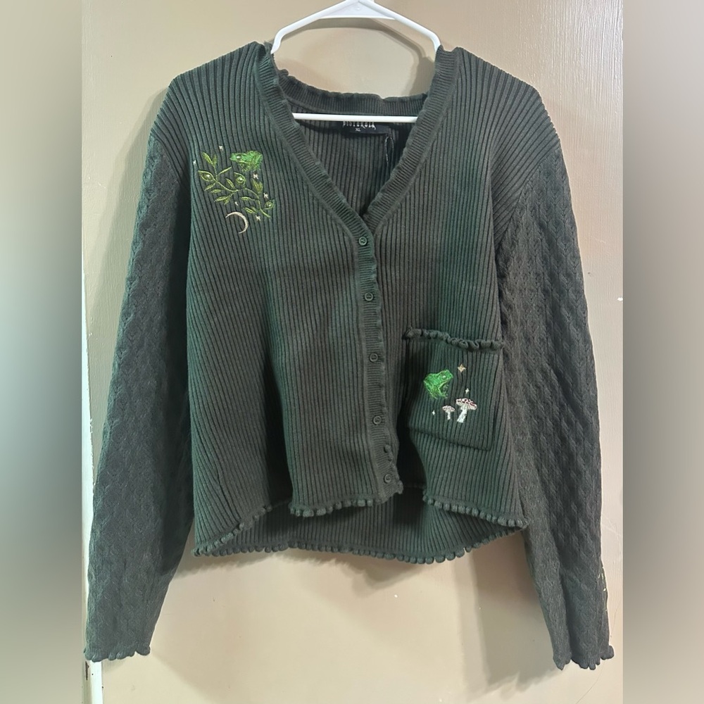 Disturbia Green Chunky Knit Cardigan with Embroidered Details